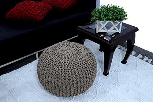 Frelish Decor Round Pouf Ottoman Hand Knitted 100% Cotton Pouf - Foot Stool - Knitted Bean Bag - Floor Chair For Living Room Bedroom - Foot Rest For Couch (20 Diameter X 14 Height) - Beige #TOP1