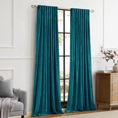Image of Elegant Teal Velvet Curtains 102 inches for Living Room,Luxury 2 Panels Bluish Green Room Darkening Rod Pocket Back Tab Curtain Thermal Insulated Soundproof Noice Reducing Window Drapes for Bedroom