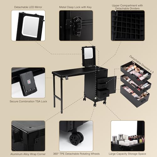 Image of Portable Manicure Table with 3 Drawers, Rolling Foldable Nail Desk with Detachable Mirror, Professional Makeup Train Case with Wheels and TSA Lock for Nail Techs & Salon Use