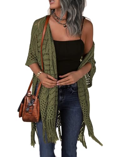 Image of HOTOUCH Womens Knit Cardigan Hollow Out Crochet Lightweight Kimonos Sweater | Open Front Cardigans with Tassel, Short Sleeve Boho Cardigan Sweaters, Beach Coverups, Spring Summer Clothes, Vacation Outfit