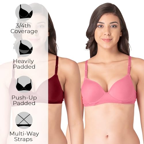 Image of Komli - Heavily Padded Push-Up Bra - Cotton Rich - Balconette - 3 /4th Coverage, Seamless, Wireless, Multiway Straps - T-Shirt Bra