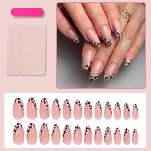 Image of Leopard Print French Tip Press on Nails Medium Almond Fake Nails for Women | Gold Glitter Line Nail Press ons Glossy Full Cover False Nail with Design Fall Stick on Nails for Women Manicure 24Pcs