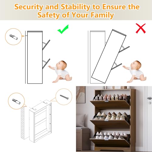 Image of BORNOON Entryway Shoe Cabinet with 3 Flip Drawers, Narrow Shoe Organizer Cabinet with Fluted Panel and Adjustable Shelves for Foyer, Hallway