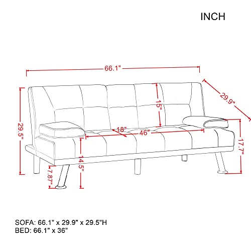 Futon Sofa Loveseat Convertible Sleeper Couch Bed Daybed Loveseat, Folding Recliner With 2 Cup Holders, Metal Legs, Removable Soft Pillow-Top Armrest For Living Room Small Place #TOP1