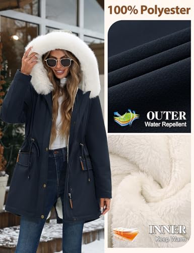 CMTOP Winter Jackets for Women UK Fleece Lined Warm Women's Coats Water Repllent and Windproof Mid-Length Parka Jacket Thick Thermal Fuzzy Overcoat Hooded Outerwear with Pockets(Navy Blue,L) - Image 3