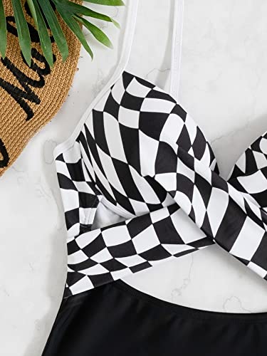 Shein Women's Cutout One Piece Swimsuit Plaid Criss Cross Cut Out Push Up Tummy Control Swimwear Bathing Suit Black And White Large #TOP3