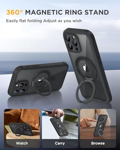 Image of Miracase for iPhone 16 Pro Case with 360 Magnetic Ring Stand [Compatible with Magsafe] Full-Body Drop Proof Bumper Phone Case with Built-in 9H Tempered Glass Screen Protector,Black