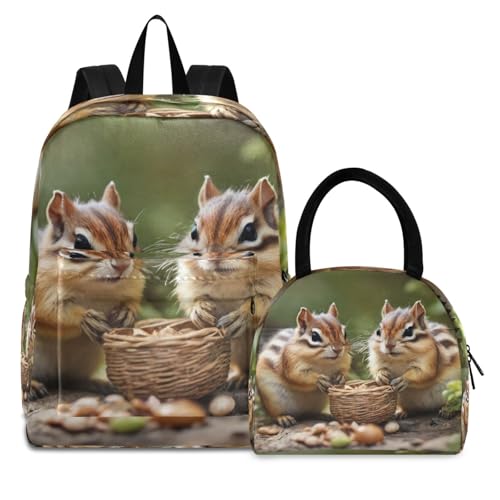 Backpack Lunch Box Set Large Capacity Travel Backpacks and Insulated Lunch Bag for Commute Hiking Picnic Squirrels Print