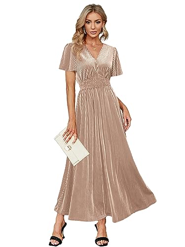 Image of Simplee Women's V Neck Velvet Maxi Dress Short Sleeve Empire Waist Long Formal Dress for Wedding Guest