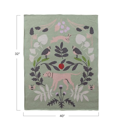 Image of Creative Co-Op Cotton Knit Baby Blanket with Botanical and Animal Motifs, Multicolor