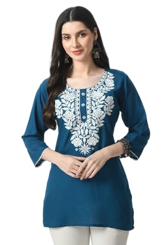 LIBOZA Rayon Kurti for Women - Short Chikankari Kurtis for Girls, Lakhnawi Tunic Top Kurta Design for Ladies, Woman Ethnic Kurthis Shirt with Sleeve (S, Petrol Blue)