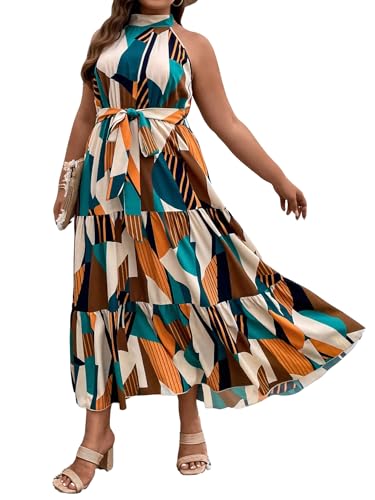 Image of Floerns Women's Plus Size Boho Sleeveless Halter Neck Tie Back A Line Long Dress