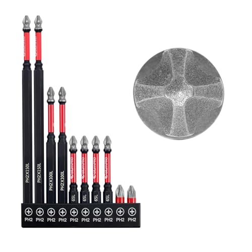 ColumPRO Diamond Grit PH2 Screwdriver Bit Set 10PCS Magnetic Drill Bits for Stainless Steel Screws Anti-Slip HRC65 Hardened S2 Steel CNC Precision 25/65/100/150mm Lengths
