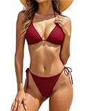 Zuvebamyo Women's Two Piece Thong Bikini Sets Sexy Halter Triangle Swimsuit Brazilian String Bathing Suits Wine S