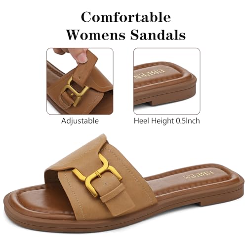 Image of UBFEN Womens Square Toe Flat Sandals Slides Dressy Comfortable for Beach