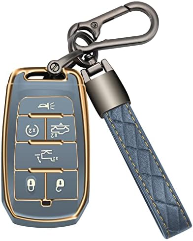 COZLA for Dodge Key Fob Cover with Keychain TPU Car Key Case Holder 360 Degree Protection Compatible with 2019-2023 Dodge RAM 1500 2500 6 Buttons Smart Key (Gray)