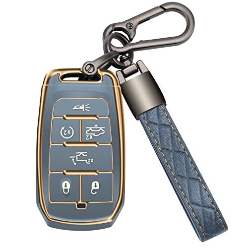 Cozla For Dodge Key Fob Cover With Keychain Tpu Car Key Case Holder 360 Degree Protection Compatible With 2019-2023 Dodge Ram 1500 2500 6 Buttons Smart Key (Gray) #TOP3
