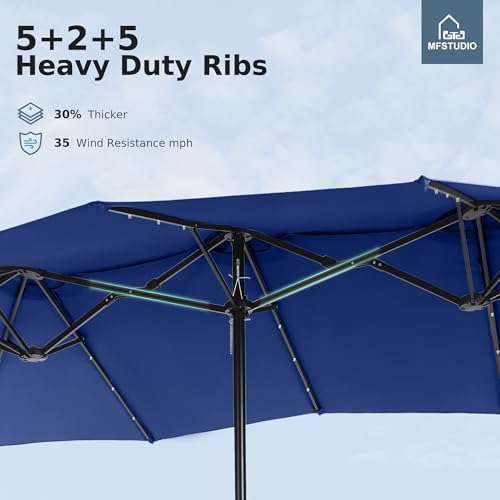 MFSTUDIO 15ft Double Sided Patio Umbrella with Solar Lights, Outdoor Large Umbrellas with Crank Handle and 36 LED Lights, Rectangular Market Umbrella with Base Included for Deck Pool Shade, Haze Blue
