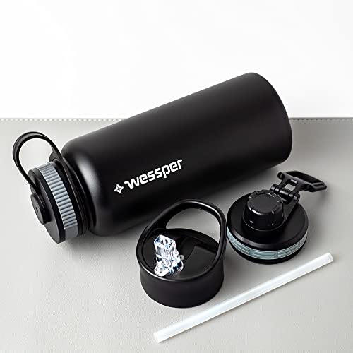 Wessper Stainless Steel Drinking Water Bottle 1L Leakproof Thermos Bottle BPA-Free with 3 Lids, Black, 1000 ml - Image 4