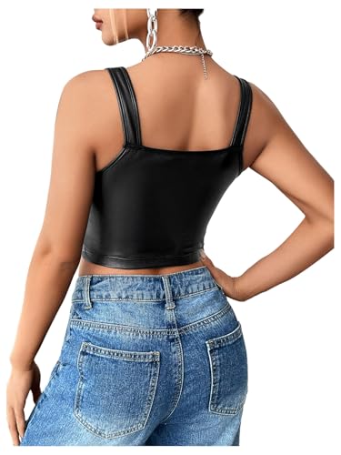 SHENHE Women's Casual Solid Sleeveless Spaghetti Strap Cami PU Leather Backless Crop Tops2