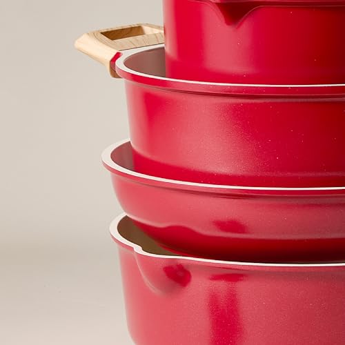 Image of CAROTE 14 Pcs Ceramic Cookware Set, Pots and Pans Set Non Stick with Ceramic Coating, Induction Kitchen Sets, Red