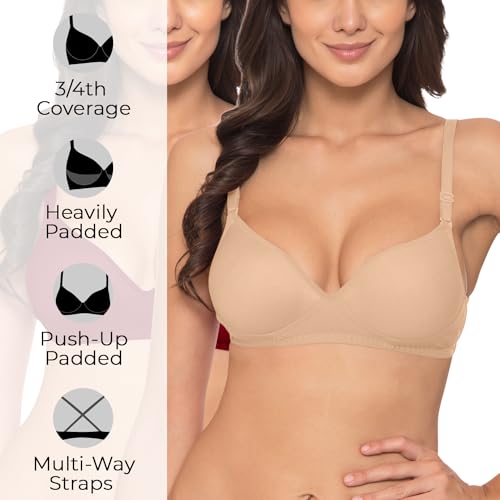 Image of Komli - Heavily Padded Push-Up Bra - Cotton Rich - Balconette - 3 /4th Coverage, Seamless, Wireless, Multiway Straps - T-Shirt Bra (Pack of 2)