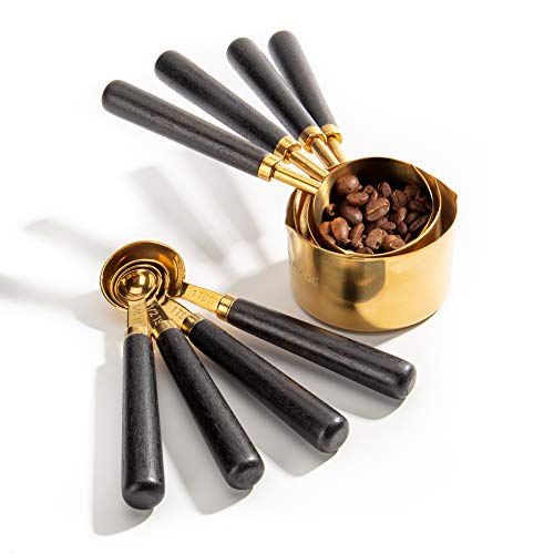 LaGoldoo Measuring Cups and Spoons Set of 8 Pieces Gold Measuring Cups Kit with Wooden Handle Copper Measuring Spoons Set for Solid and Liquid Iingredients