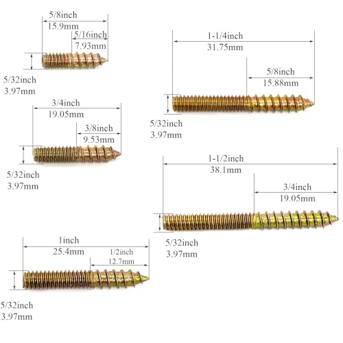 Image of 50 Pack Assorted Hanger Bolts Kit - 5 Sizes (5 /32-32 inch, 8 /5, 3 /4, 1, 1-1 /4, 1-1 /2 inch) - Double Headed Bolts, Wood Dowel Screws