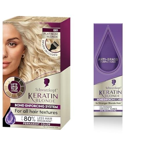 Schwarzkopf Keratin Blonde Permanent Hair Dye, Platinum Blonde 001, Ultra Lightening Kit + Schwarzkopf Keratin Blonde, Anti-Brass Purple Mask