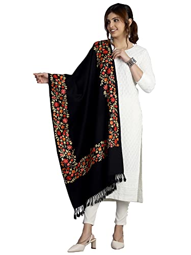 Ravaiyaa - Attitude is everything Women's Pure Wool Embroidered Stole, Soft and Warm Winter Wool Shawl, Kashmiri Faux Pashmina Scarf Wrap (Black)