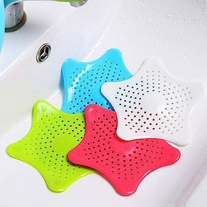 GrenzaFab Star Bathroom Silicone Drain Filter Hair Catcher Bath Plug Plunger Sink Filter Coater, Star Shaped Sink Filter, Drain Strainers Cover Trap Basin, Kitchen Accessories, Pack of 4