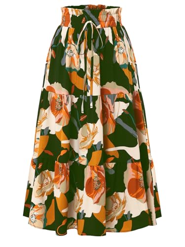 ebossy Women's Elegant Shirred High Waist Floral Print Tiered Maxi Skirts 2025 Casual Midi Pleated Flowy Aline Long Skirts