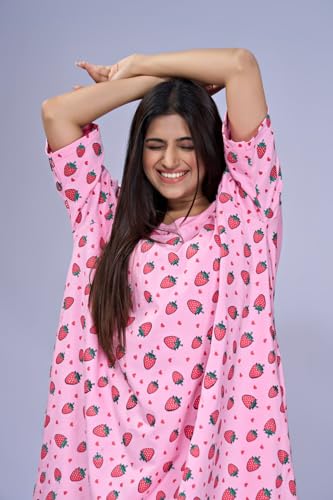 Image of LAMA STORE Women's Printed Oversized T-Shirt Dress, Cotton, 3 /4 Sleeve Length, Casual Loose Fit, Comfort Wear Extra Comfy Oversized Printed Pocket T-Shirt Dress