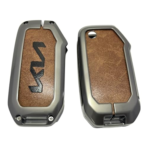 Image of Zinc Metal Alloy Leather Car Key Cover & Case Brown with Keychain & Holder Compatible for KIA Seltos, Sonet, Carens (3 Button Flip Key)