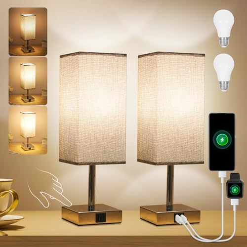Neoglint Bedside Lamps Set of 2, Touch Control Table Lamps with USB-C+A Charging Ports and Bulbs, Fabric Shade Table Light with 3 Way Dimmable for Bedroom