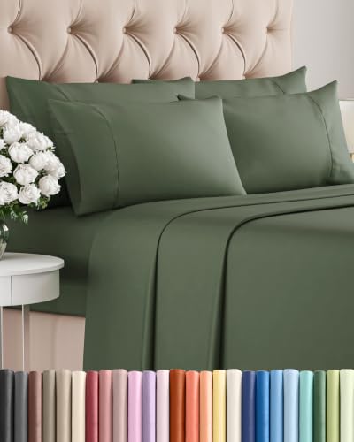 Image of Cal King 6 Piece Bed Sheet Set - Breathable & Cooling Sheets - Forest Green