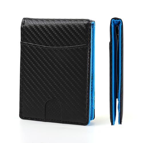 Slim Wallets for Men Leather Money Clip RFID Blocking Mens Wallet Minimalist Front Pocket Credit Card Holder Thin Wallets for Men, Black Blue
