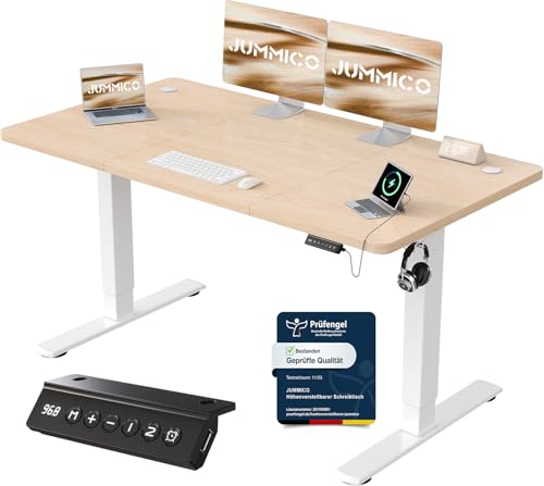 JUMMICO Höhenverstellbarer Schreibtisch mit USB-Ladeanschluss 140 x 60 cm, Schreibtisch Höhenverstellbar Elektrisch, Steh-Sitz Tisch Stehpult Verstellbarer Computertisch,Standing Desk,Beige