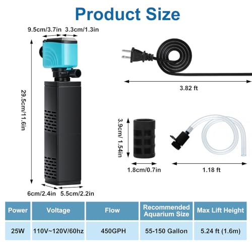 Image of DaToo Aquarium Filter 55-150 Gallon Fish Tank Filter 450GPH Powerful Pump For Aquariums Adjustable Air Flow Submersible Internal Aquarium Filters For Pond Wavemaker Air Supply Freshwater And Saltwater