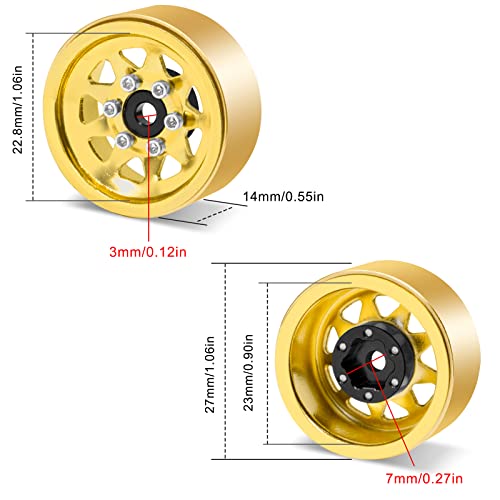 Image of OGRC 1.0 RC Wheel Rims with Brass Rings Deep Dish Wheel Rims 1.0 Beadlock Wheels for 1 /18 TRX4M 1 /24 SCX24 C10 JLU Deadbolt Gladiator Bronco Crawler Car (Yellow)