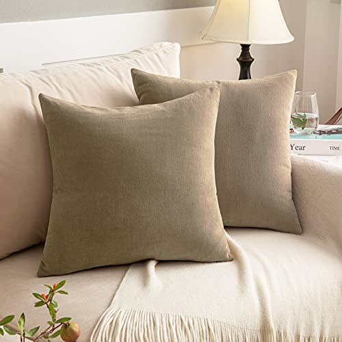 NEERYO Khaki Throw Pillow Covers Decorative Soft Solid Chenille Accent Modern Square Cushion Case 16 x 16 Inch Throw Pillows for Couch Bed Living Room Sofa Home Decor Set of 2