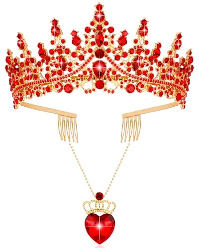 TOBATOBA Queen of Hearts Crown and Necklace Set Queen of Hearts Costume Women Accessories Princess Crown Descendant 4 Red Tiara for Women Halloween Cosplay Prom Party