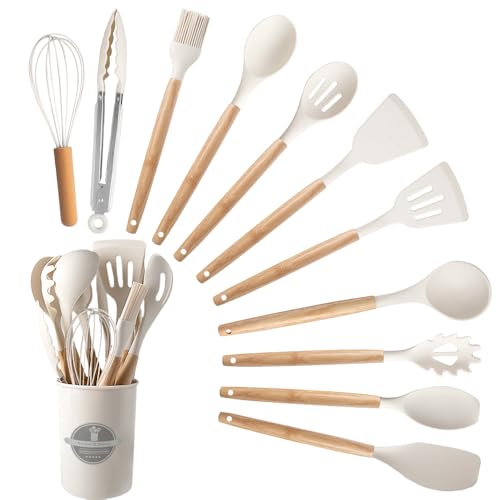 12PCS Ustensiles de Cuisine en Silicone, Ustensile Cuisine avec Porte-Ustensiles, Set Ustensile Cuisine Antiadhésifs avec Poignée en Bois, Cuisine Accessoires Passe au Lave-Vaisselle