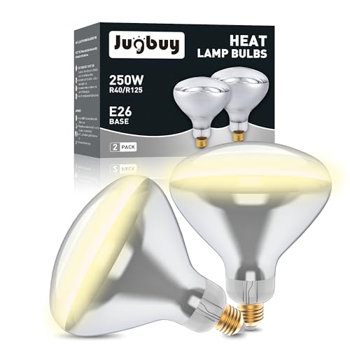 Jugbuy 250 Watt Heat Lamp Bulbs Clear Incandescent Heating Outdoor Light Bulb for Bathroom Chickens Chicks Ceiling Reptile Food Plants Medium E26 Base - 2 Pack