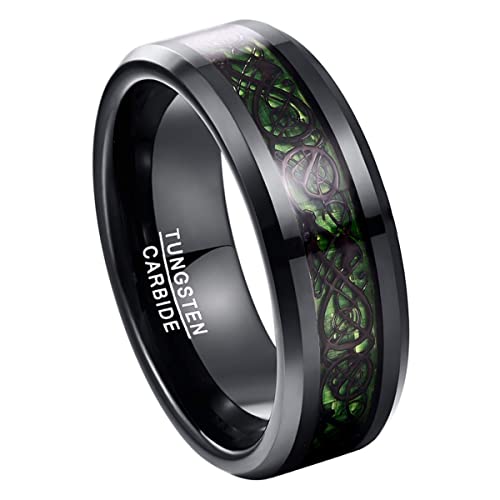 8mm Black Tungsten Rings for Men Celtic Dragon Wedding Ring with Blue/Green Carbon Fiber/Red Opal Paper Inlay Comfort Fit Size 5-14