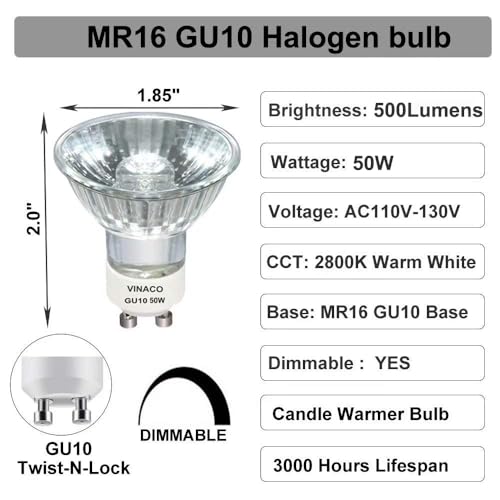 Image of Vinaco GU10 Halogen 50W Bulbs, 6PCS GU10+C 120V 50W Halogen Light Bulbs, GU 10 Dimmable, Warm White, High Brightness MR16 with Glass Cover, Long Lifespan GU 10 50 W for Recessed Track Lighting