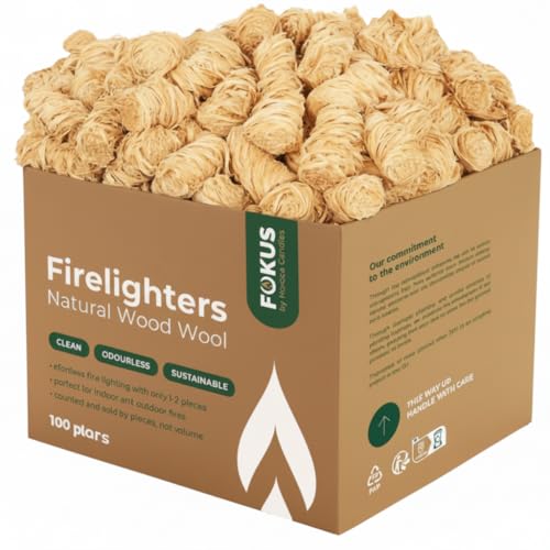 HORECA CANDLES Allume-Feu Naturel en Laine de Bois avec Cire - Lot de 100 Allume-Feux Écologiques pour Barbecue, Cheminée, Poêle à Bois et Brasero -...