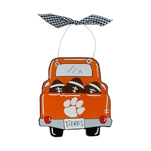 Clemson University Tigers Wooden Ornament – Pick-up Truck, Footballs & Team Logo Design w/Plaid Ribbon by Magnolia Lane Holiday for Tigers Fans, Students or Alumni – Home Decor