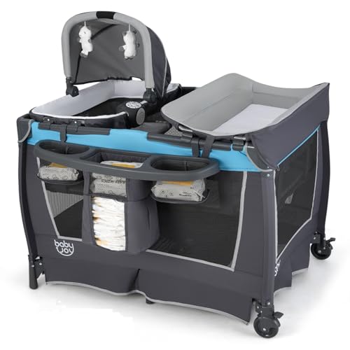 Image of BABY JOY 5 in 1 Pack and Play, Portable Nursery Center Baby Playard w/Bassinet & Diaper Changing Table, Infant Bassinet Activity Center with Toys, Music, Oxford Bag for Toddlers (Royal Blue, Classic)