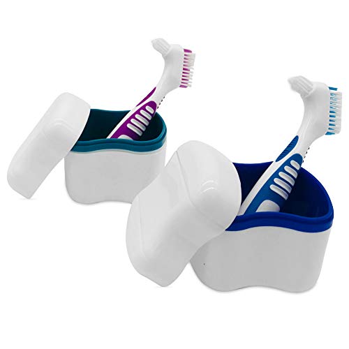 2 Denture Bath Cases with 2 Denture Cleaner Brushes, Denture Holder Brush Retainer Case, Dentures Container with Removable Strainer Basket Holder